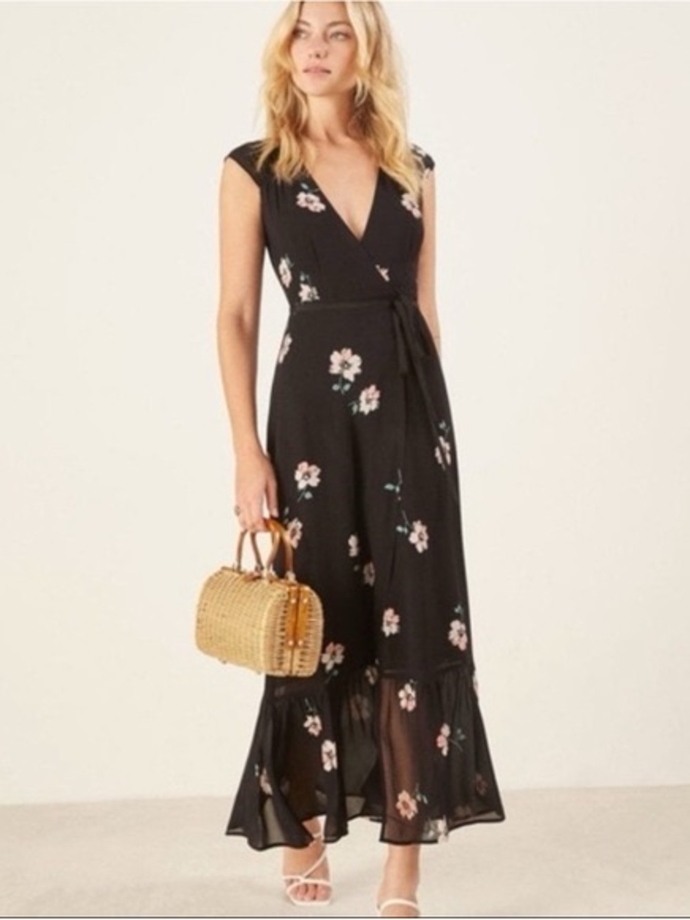 Reformation Haven Floral Wrap Maxi Dress XS Whimsigoth Cottagecore Black Pink